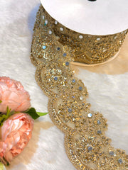(Wholesale pack of 9 meter ) Lace Border With  Stone Sequins and Mirror work