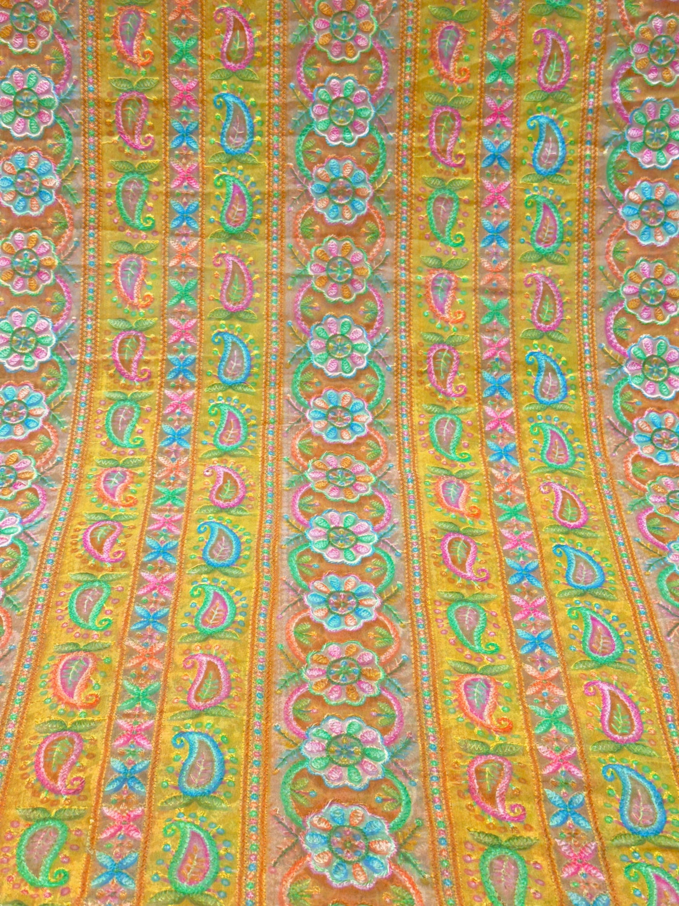 Yellow Georgette Chikankari Stripe Floral Threadwork Embroidery 44 inch width