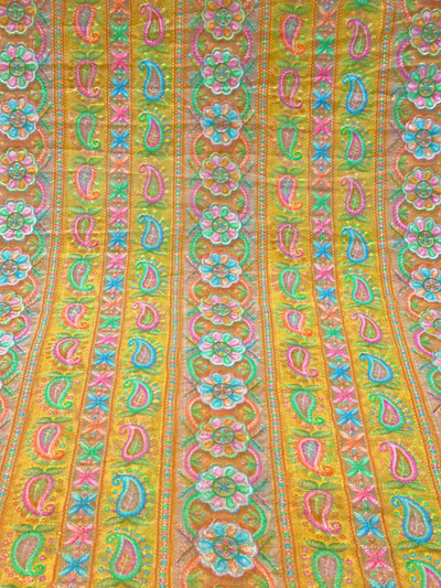 Yellow Georgette Chikankari Stripe Floral Threadwork Embroidery 44 inch width