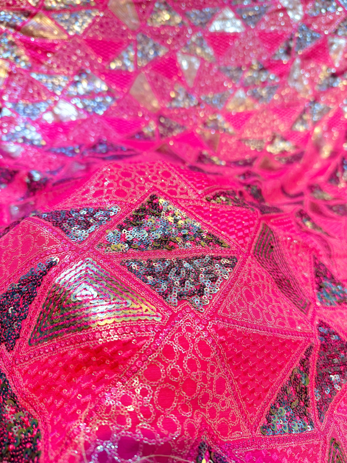 Hot Pink Georgette Thread And Sequins Embroidery Prism Pattern 44 inch width