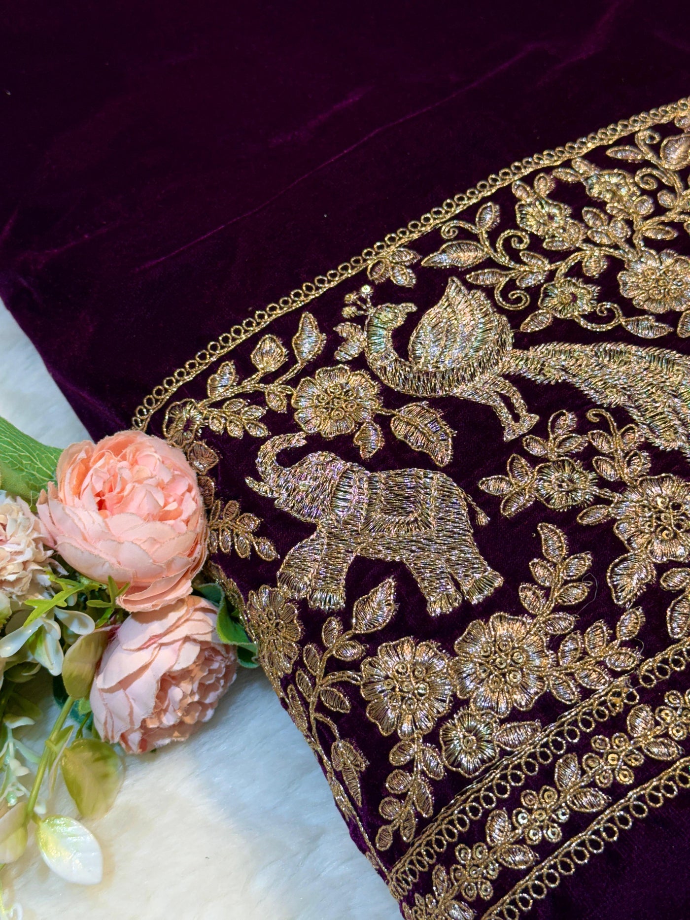 Wine Ivy Velvet Daaman Zari embroidery  44 Inch width