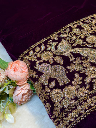 Wine Ivy Velvet Daaman Zari embroidery  44 Inch width