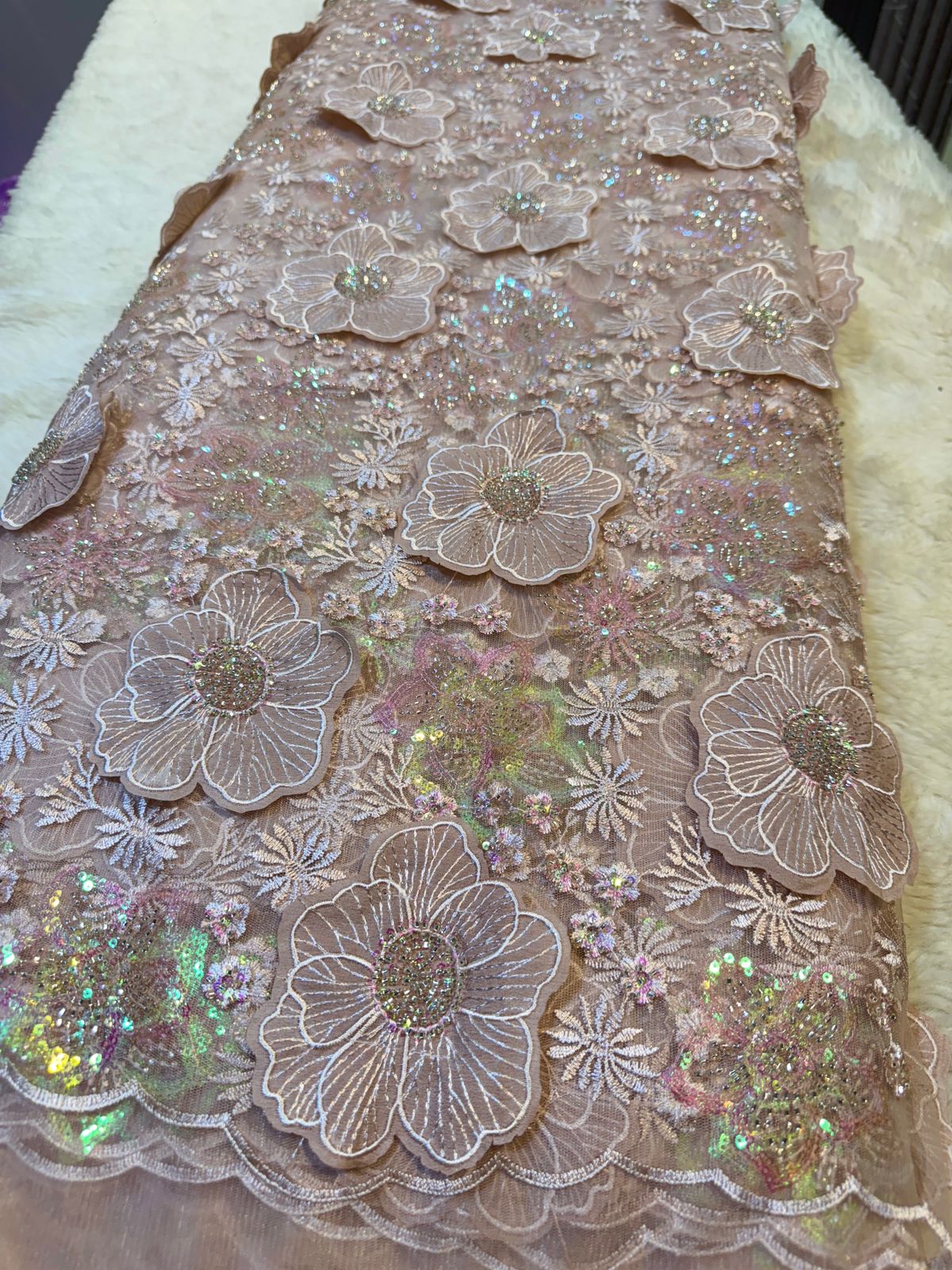 Dusty Peach Agam Applique Handwork Net Embroidery 54 inch width