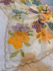 Ayesha Beige Pure Organza Handwork Dupatta With Floral Work and Four Side Scalloped Borders 2.40 meter length