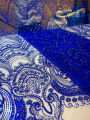 (Precut of 0.90 Meter) Royal Blue Handwork Net Embroidery with sequins Cutdana  and pearl Work 54 inch width