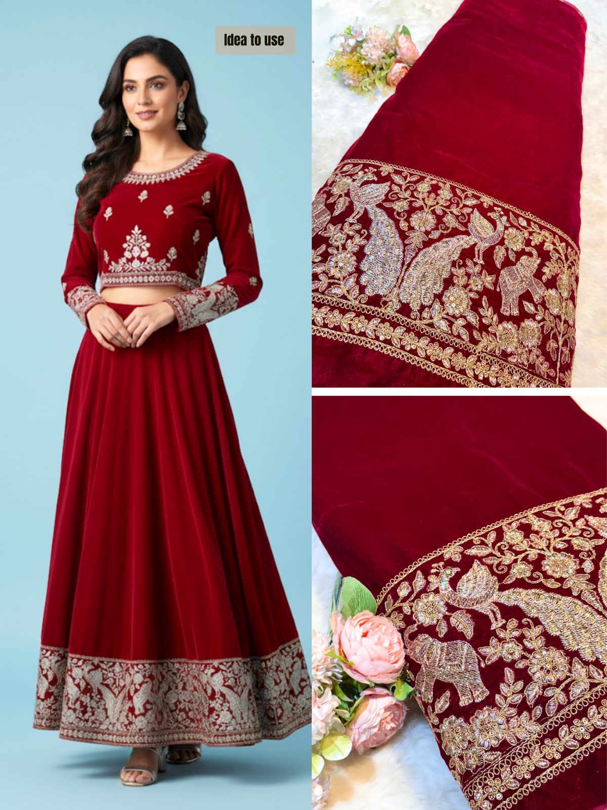 Red Ivy Velvet Daaman Zari embroidery 44 Inch width