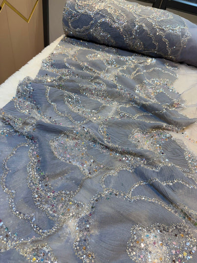 Fella Applique Handwork Net Embroidery 54 Inch Width With Crystals And beads and Cutdana work