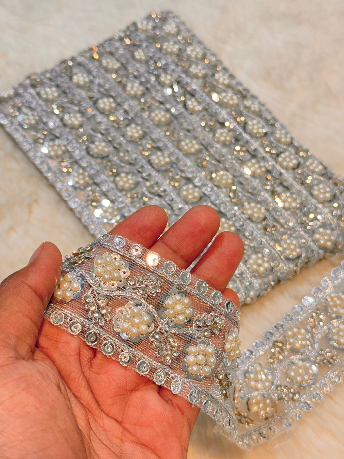 (Wholesale pack of 8 meter )Lace Border With Pearl Stone  and Sequins Work
