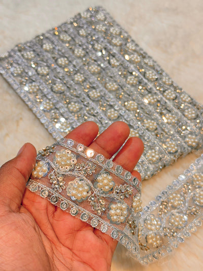 (Wholesale pack of 8 meter )Lace Border With Pearl Stone  and Sequins Work