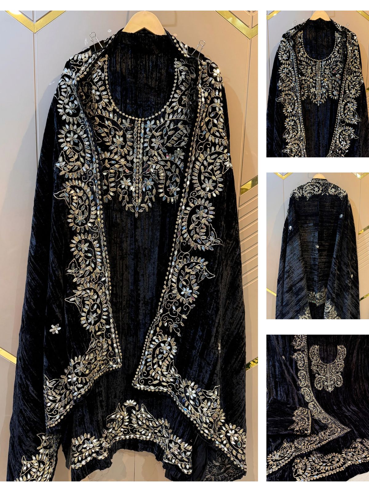 Black Crush Velvet Handwork Suit Set