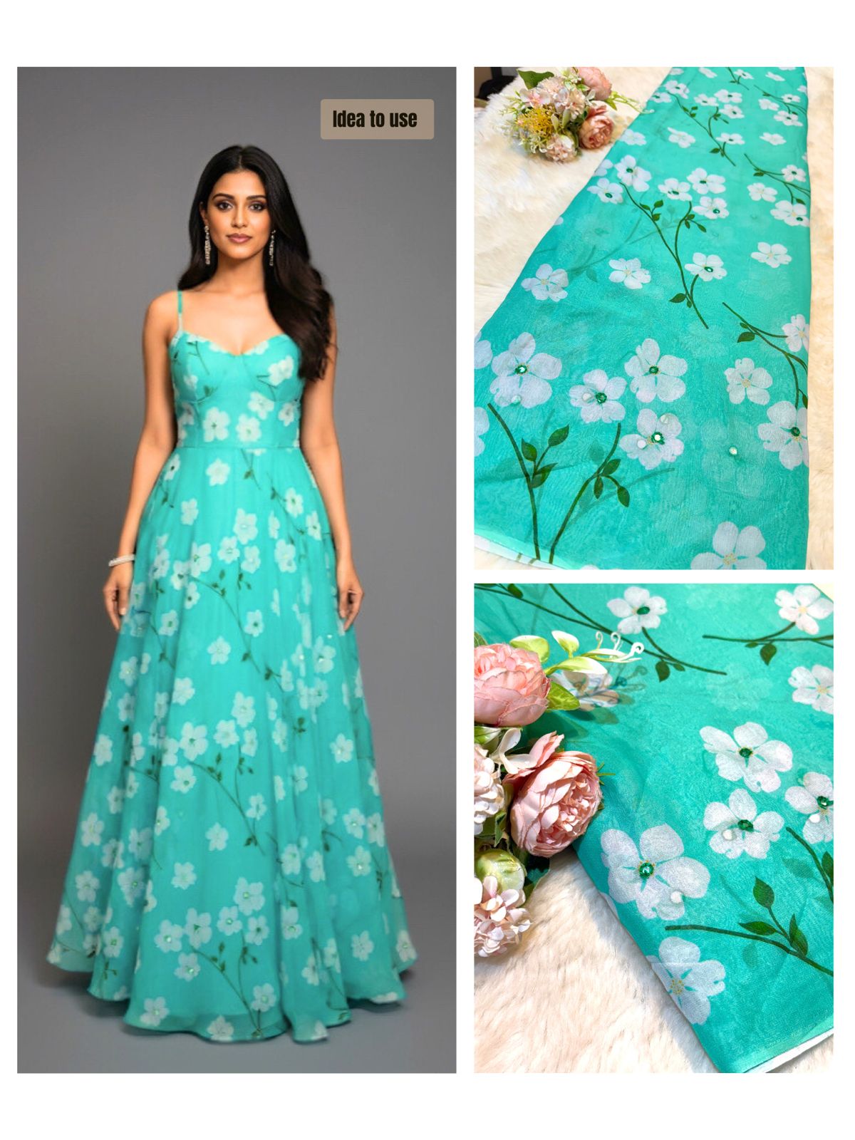 Simran Pure Georgette Floral Print With Mirror Highlights 44 inch width Aqua Green Color