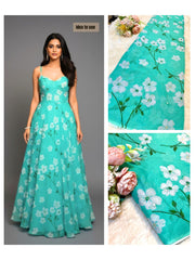 (Precut of 0.70 Meter) Simran Pure Georgette Floral Print With Mirror Highlights 44 inch width Aqua Green Color
