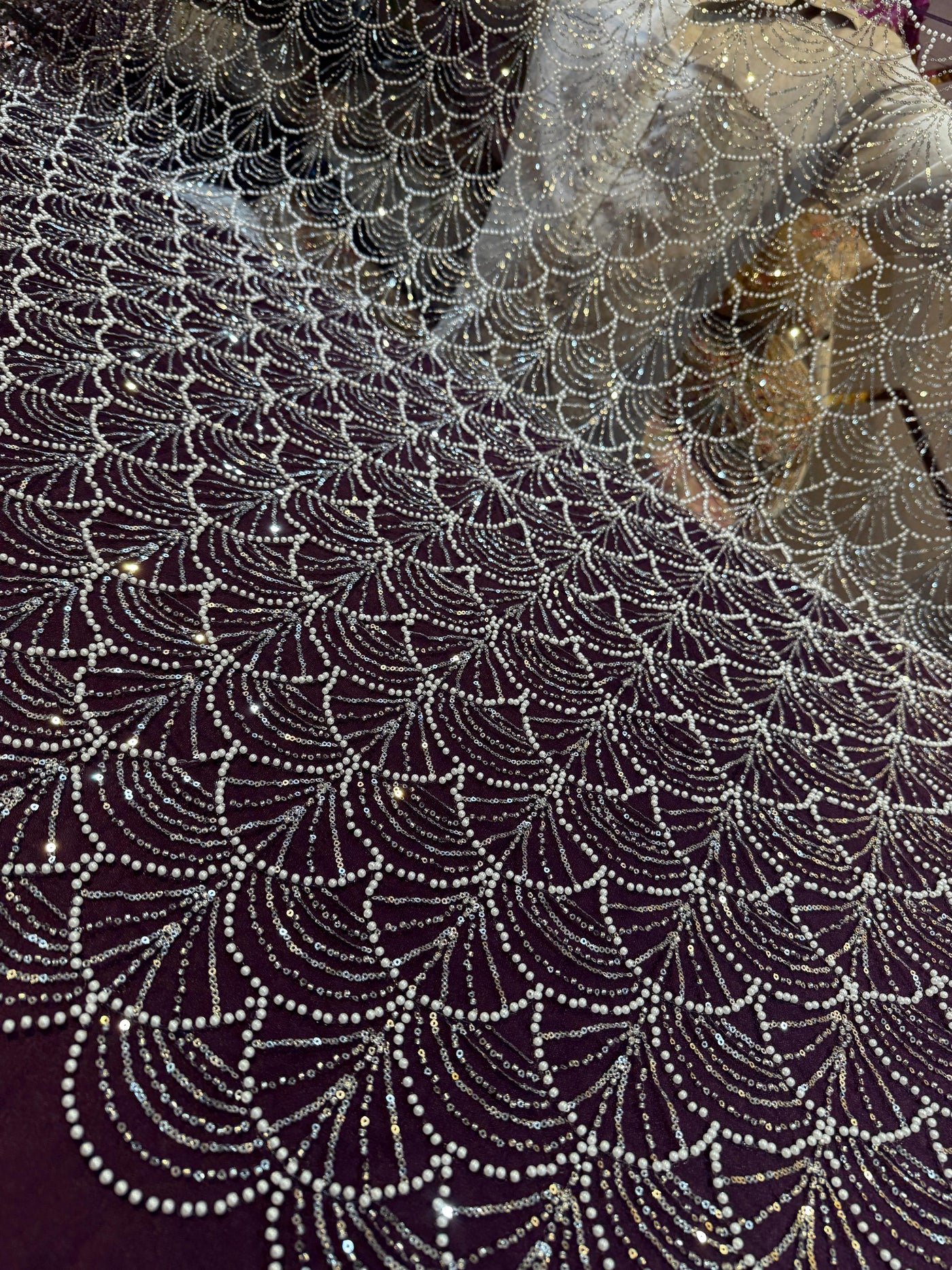 Elif Lite Wine Color Handwork Net Embroidery With Pearl Sequins And Cutdana Work 54 inch width