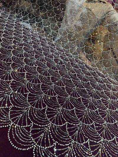 Elif Lite Wine Color Handwork Net Embroidery With Pearl Sequins And Cutdana Work 54 inch width