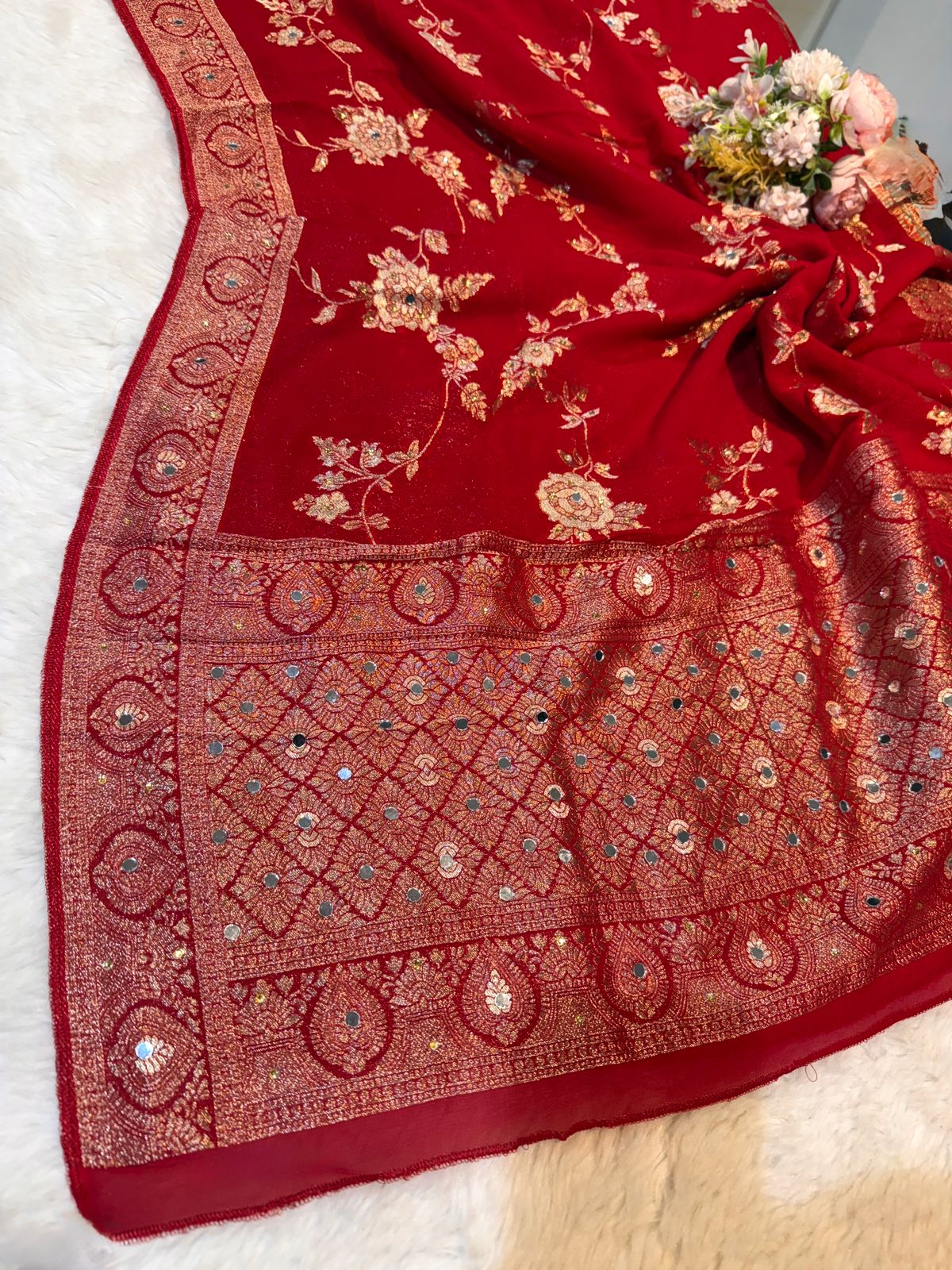 Shehnaaz Red Pure Georgette Banarsi Dupatta With Handwork 2.50 meter length