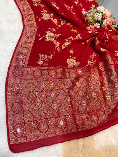 Shehnaaz Red Pure Georgette Banarsi Dupatta With Handwork 2.50 meter length