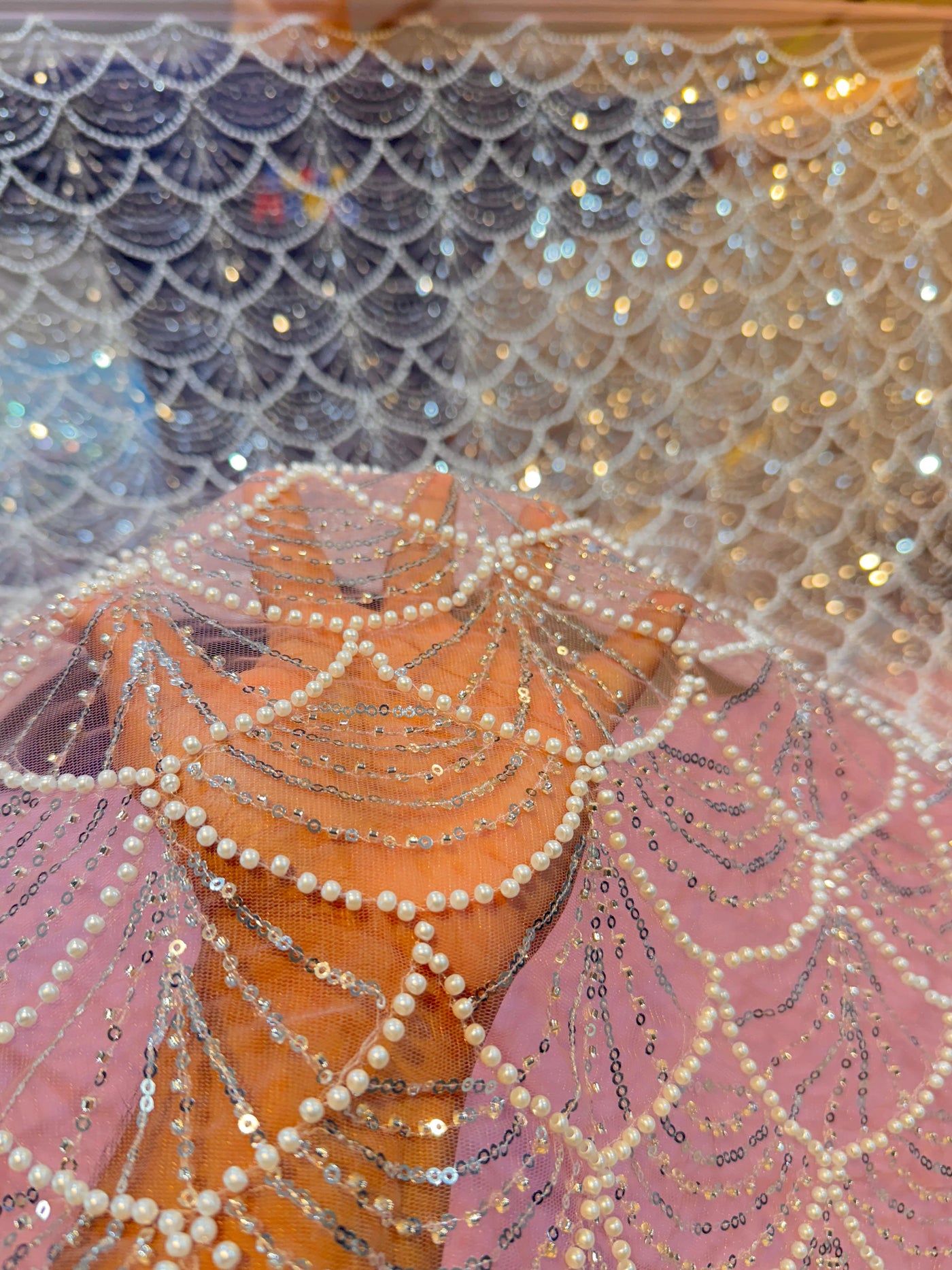 Elif Lite Pink Color Handwork Net Embroidery With Pearl Sequins and Cutdana Work 50 Inch width