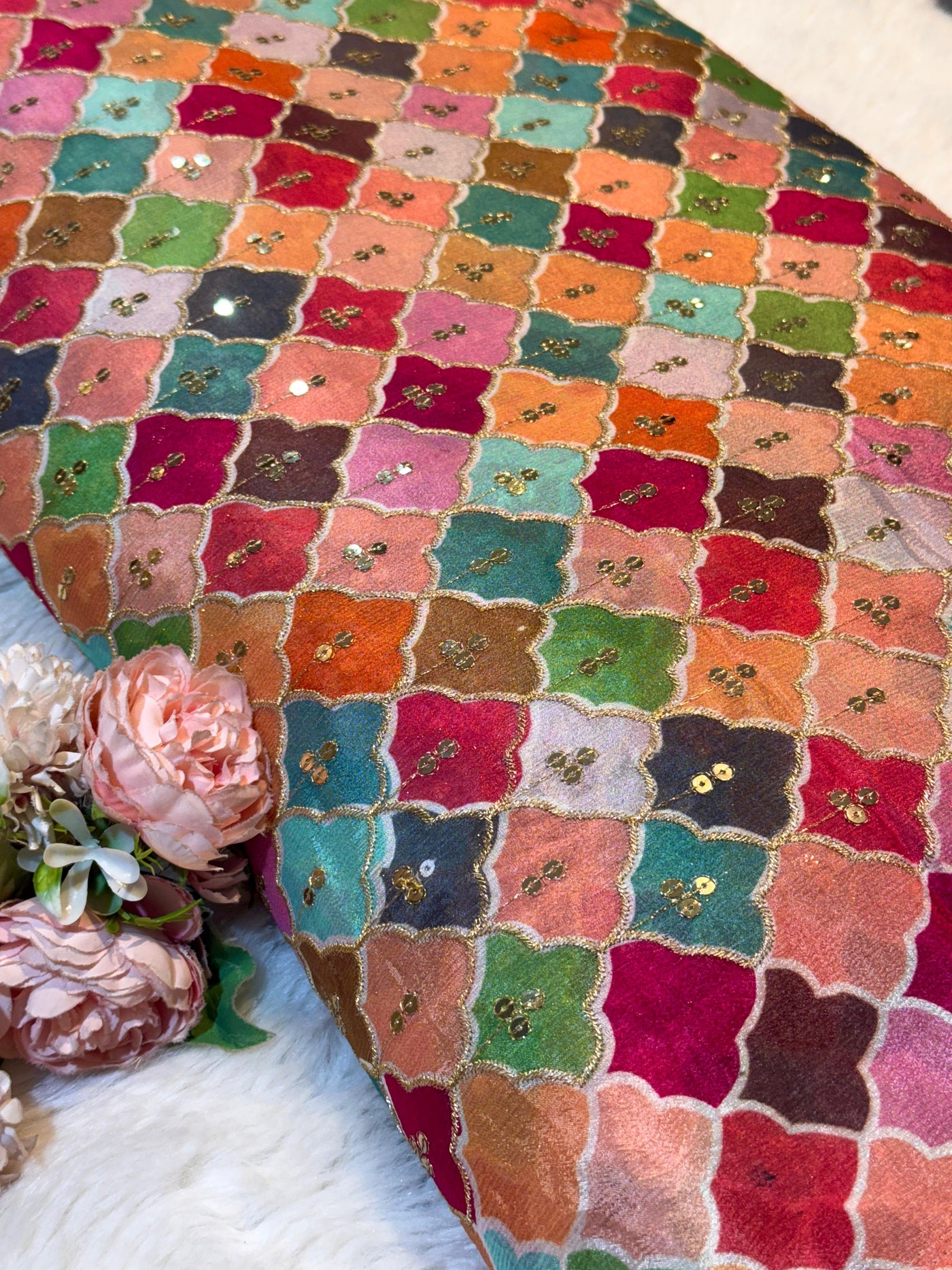 Pure Chinon Sabhya Embroidery with Zari and Sequins 44 Inch width