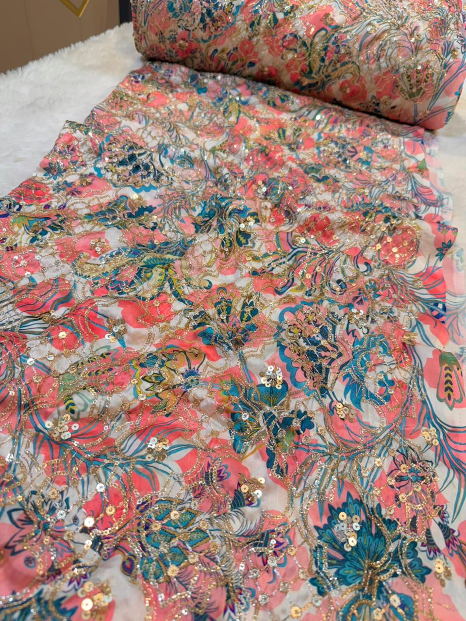 Ifra Satin Georgette Floral with Sequins Embroidery 44 inch width