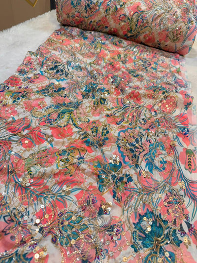 Ifra Satin Georgette Floral with Sequins Embroidery 44 inch width