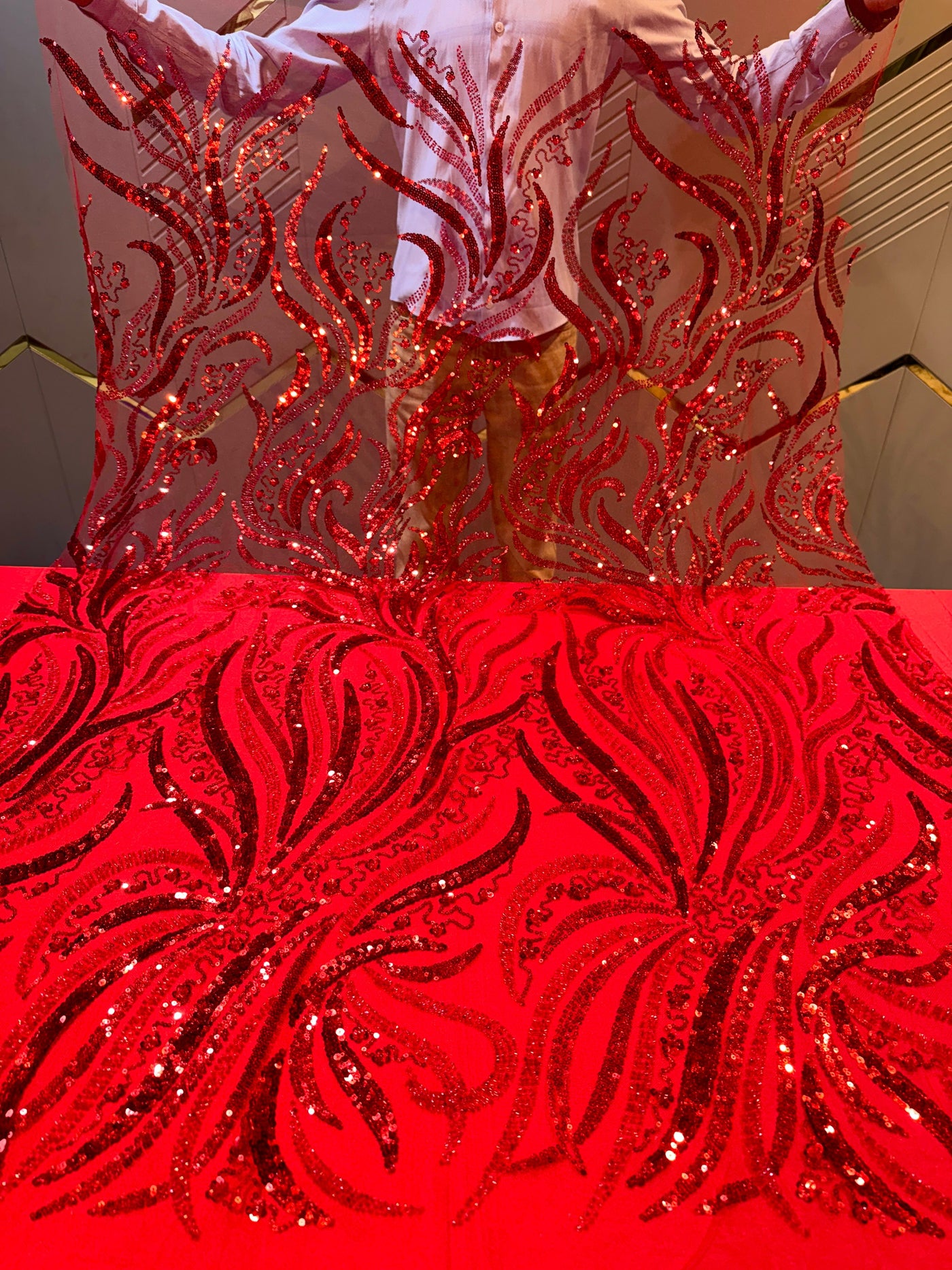 Minal Red Handwork Net Embroidery With Pearls And Cutdana Work 54 inch width