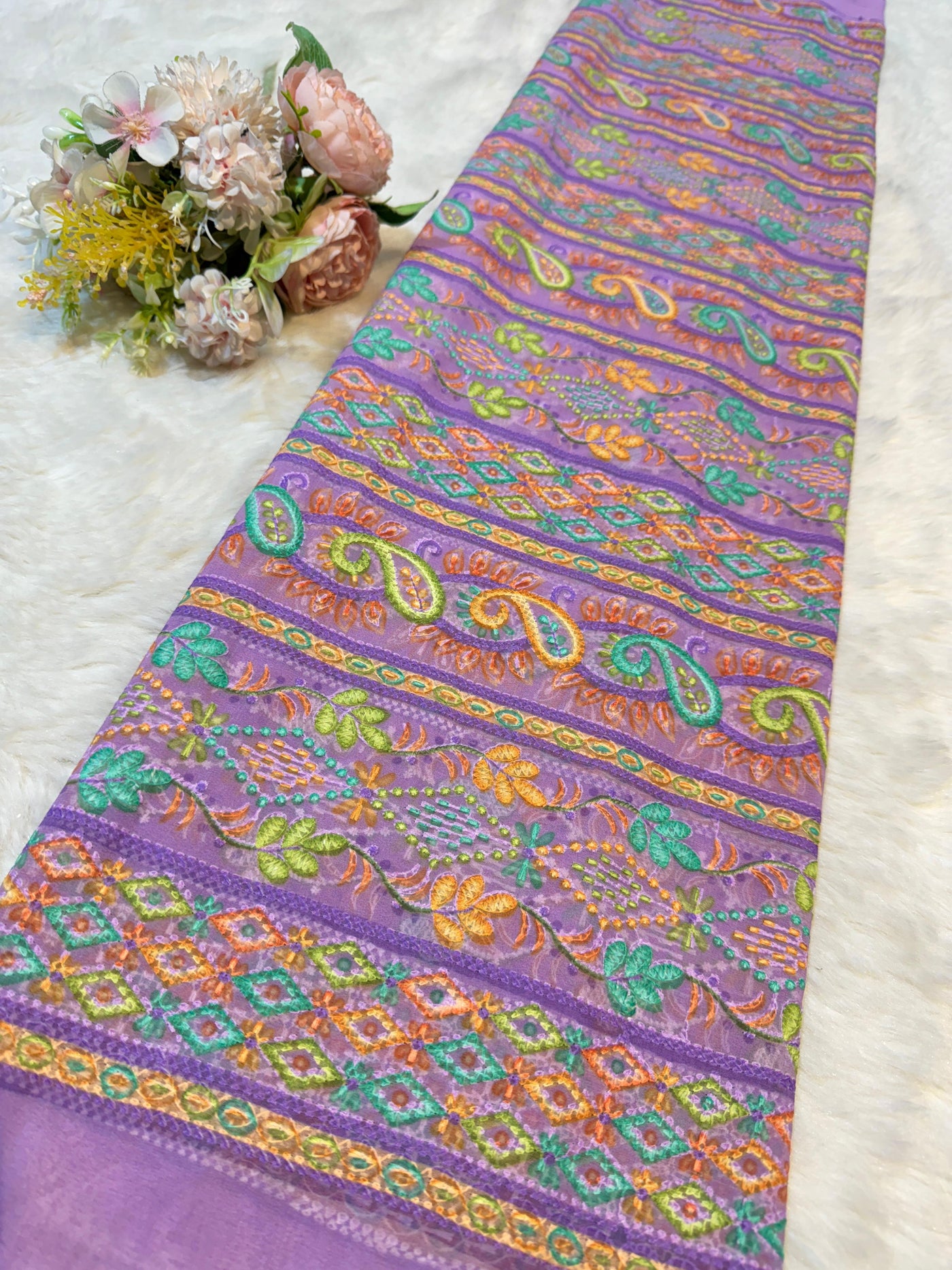 Purple  Georgette Chikankari Stripe Floral Threadwork Embroidery 44 inch width