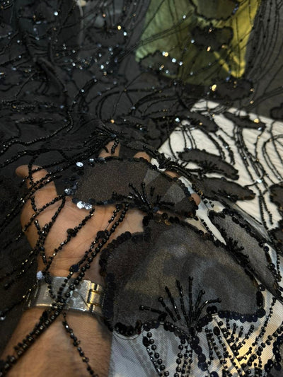 Black Handwork Net Embroidery With Appliqué And Sequins