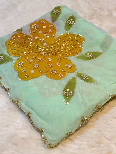 Ayesha Sea Green Pure Organza Handwork Dupatta With Floral Work and Four Side Scalloped Borders 2.40 meter length