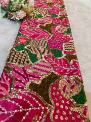 (Precut of 0.50 Meter) Pure Crape Goblet Hot pink Floral Embroidery with Sequins 44 Inch