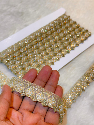 (Wholesale pack of 9 meter ) Lace Border With Stone and Pearl Work