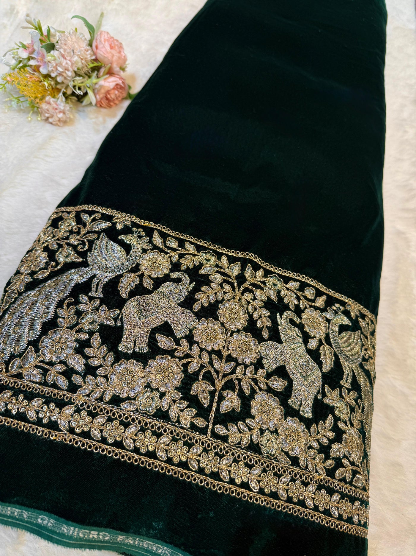 Bottle Green Ivy Velvet Daaman Zari embroidery  44 Inch width