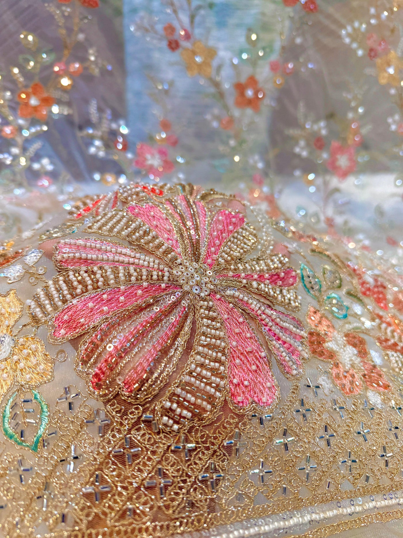 Net handwork with Threadwork Embridery 50 inch width Beige color base