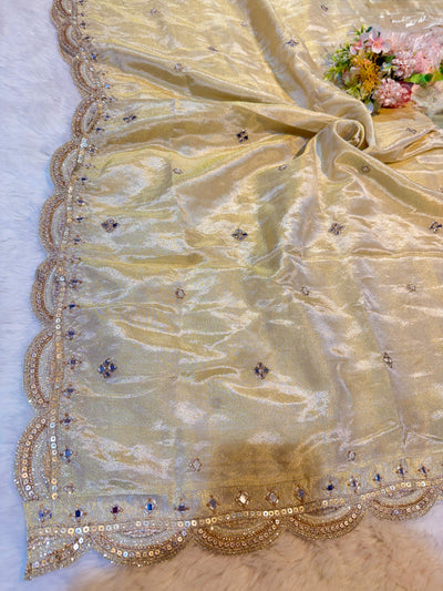 Mehz Zari Tissue Handwork Dyeable Dupatta with Four Side Mirror Cutdana Work Borders (2.40 meter length )