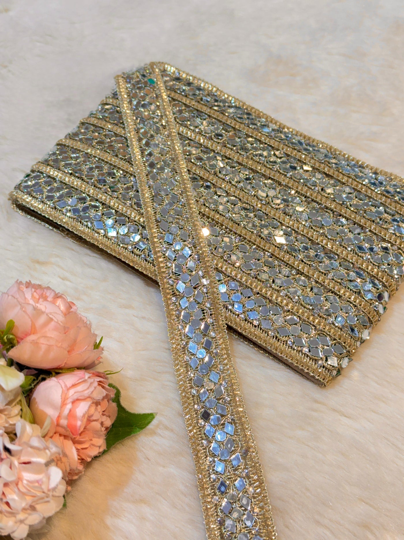 (Wholesale pack of 9 meter ) Lace Border With Stone and Mirror work