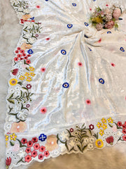 Kiara Luxury Pure Velvet Scalloped Dupatta With Threadwork Floral 2.50 Meter Length (Dyeable to light shades )