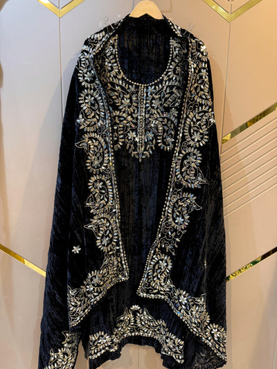 Black Crush Velvet Handwork Suit Set