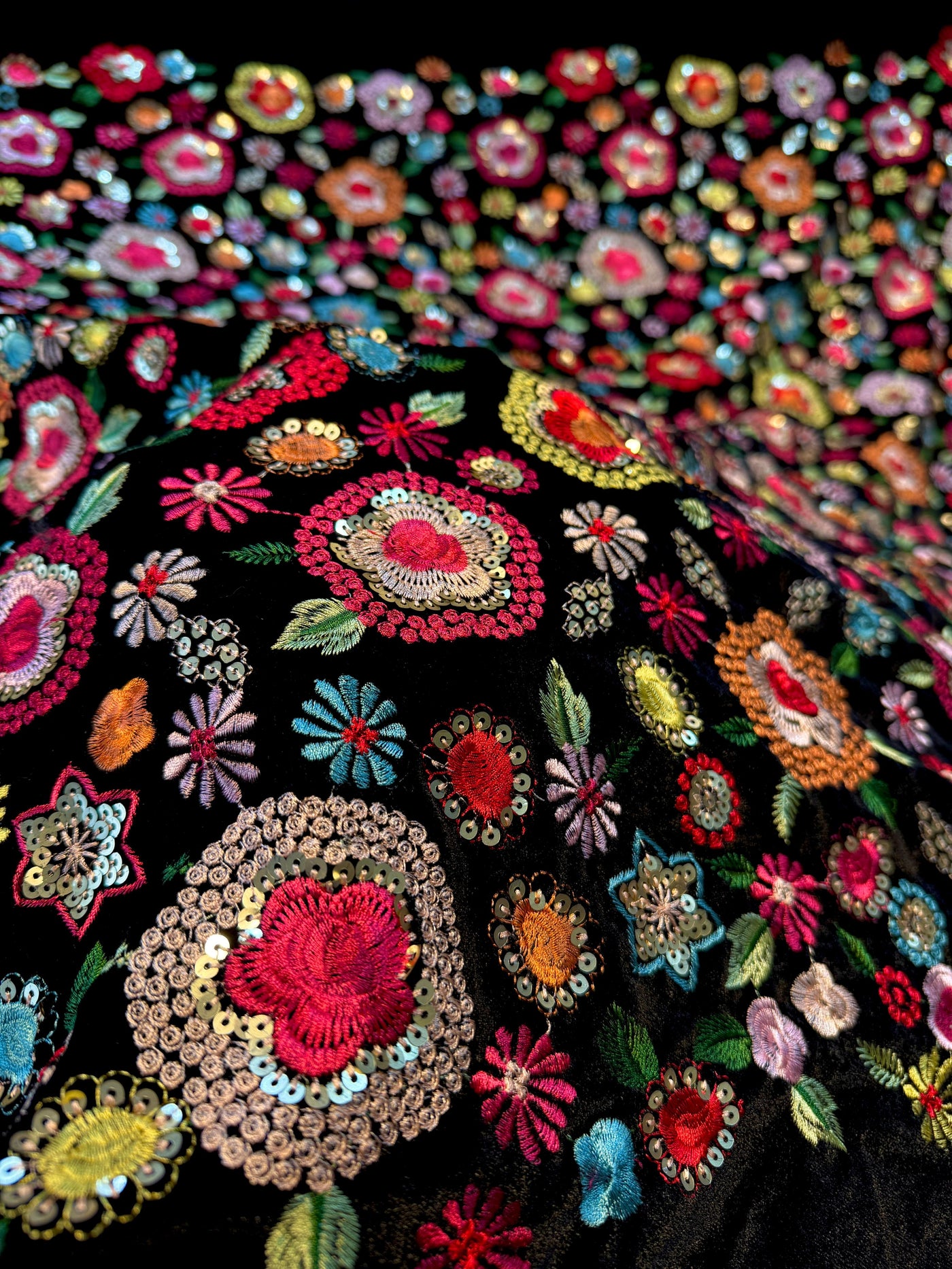 Pure Velvet Floral Thread And Sequins Embroidery  44 Inch Width