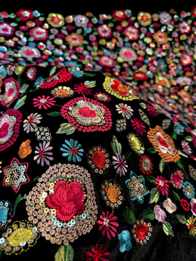 Pure Velvet Floral Thread And Sequins Embroidery  44 Inch Width
