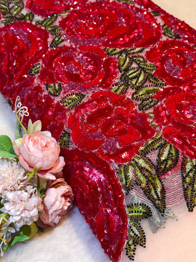 Beige  Rose Bouquet Handwork Net Embroidery 54 inch width With sequins and Cutdana Work