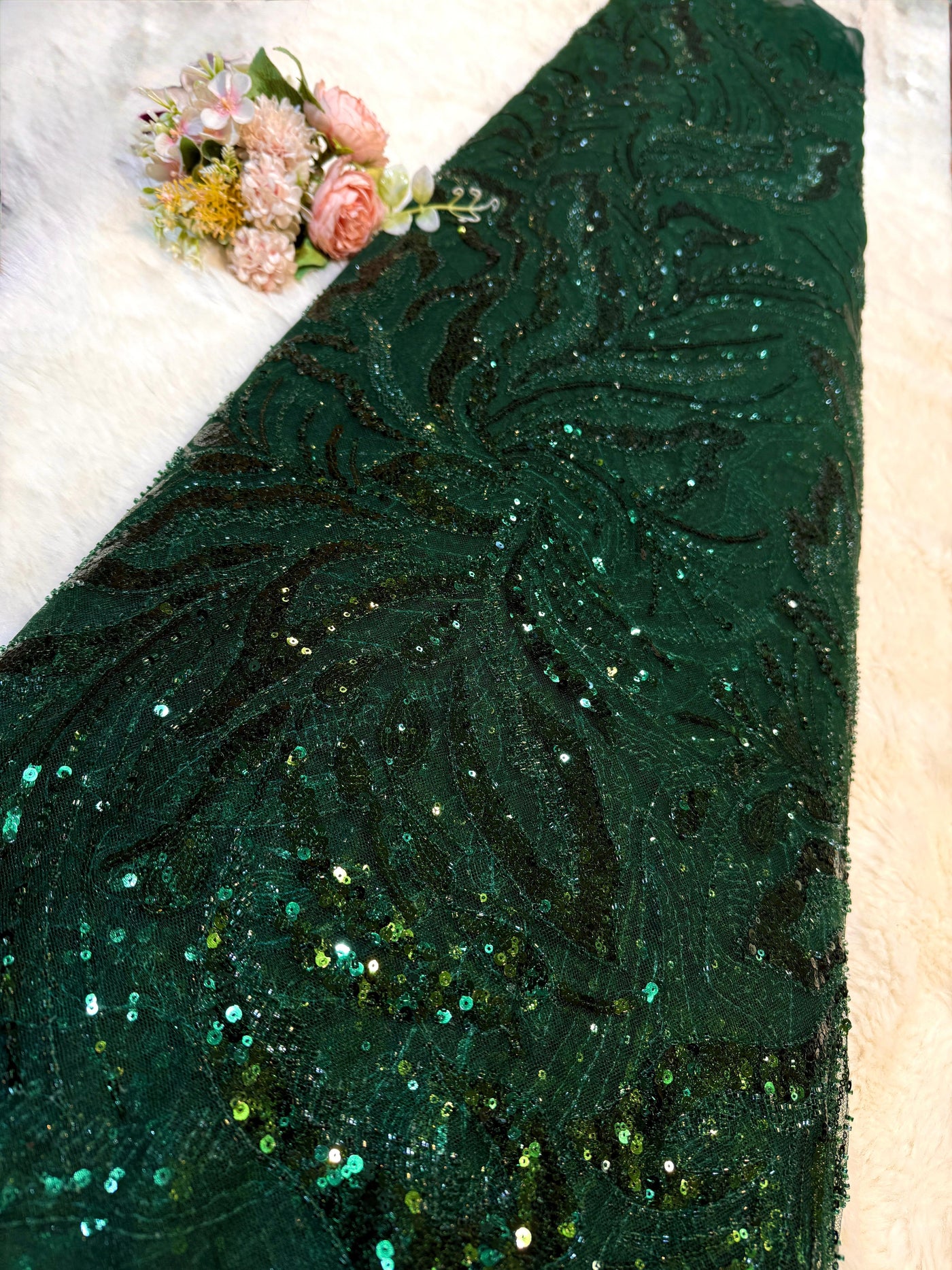 Bottle Green Handwork Net Embroidery 50 inch width