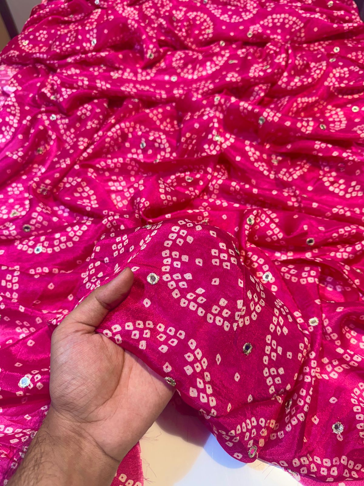 Pure Chinon with Embroidery with Bandhej print 44 Inch width