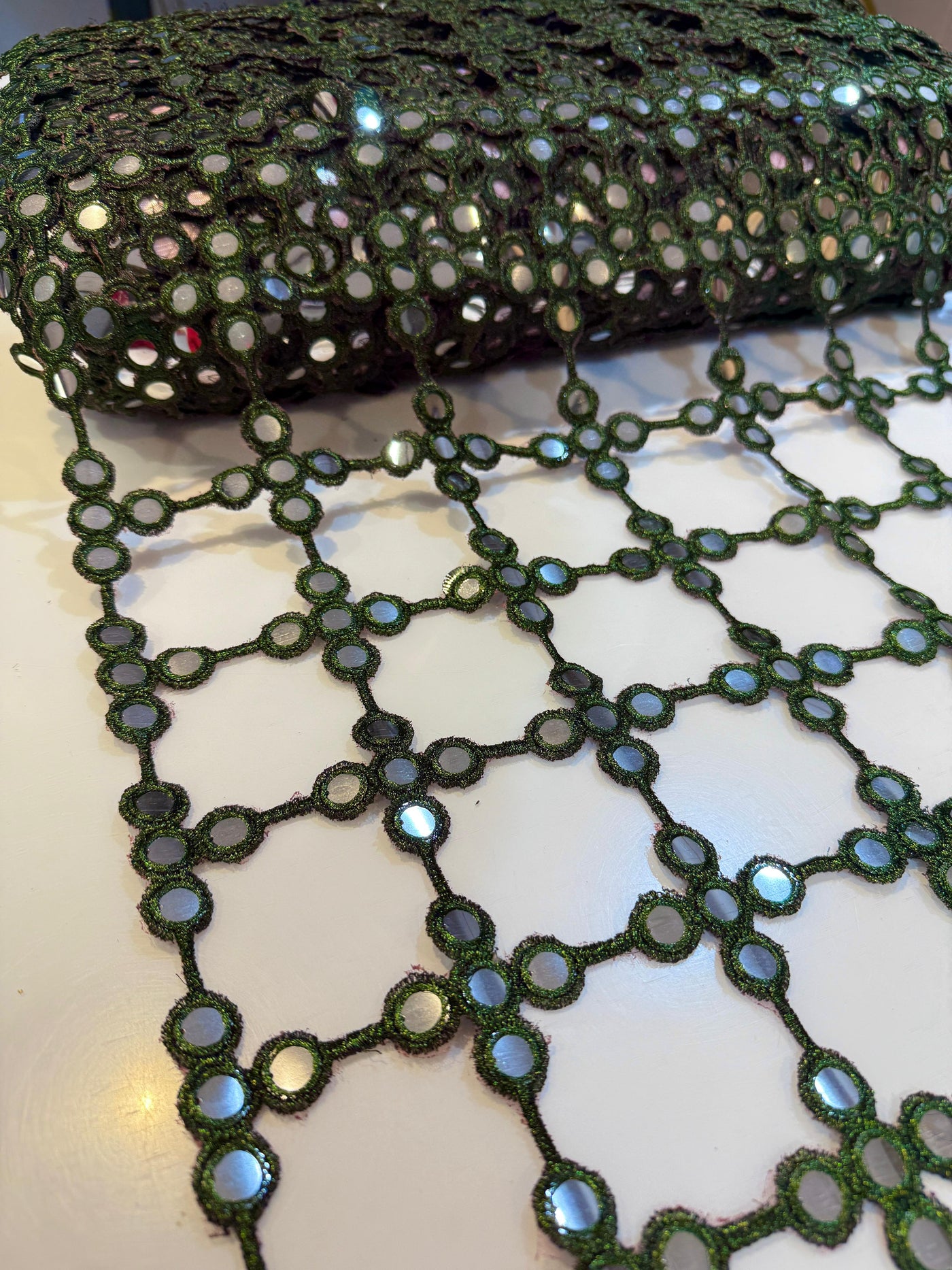 Mehndi green Crochet With Faux Mirror Embroidery 39 inch width