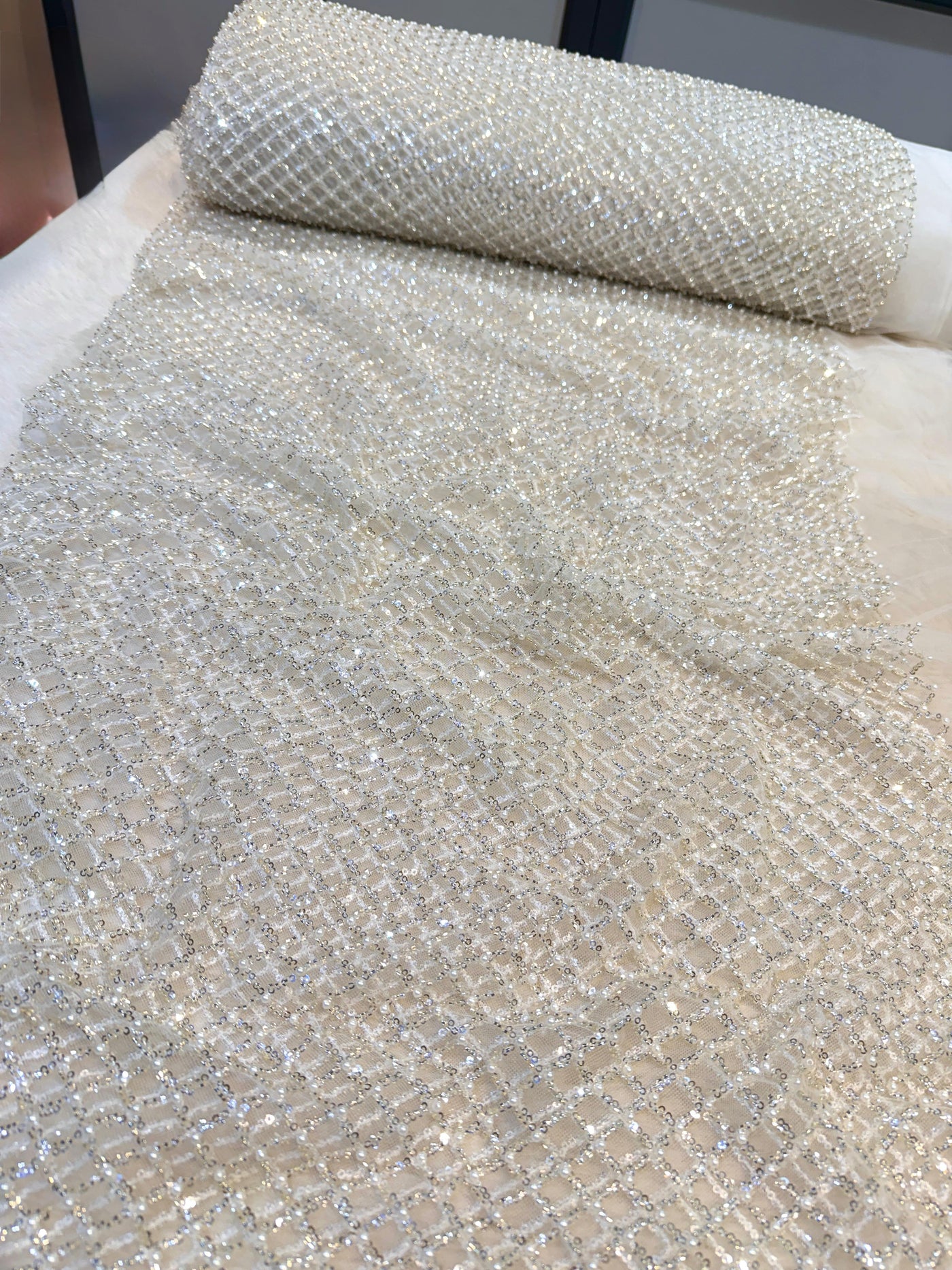 Pearl White Handwork Net Embroidery Checks Pattern  with Cutdana and Pearl Work 54 inch width