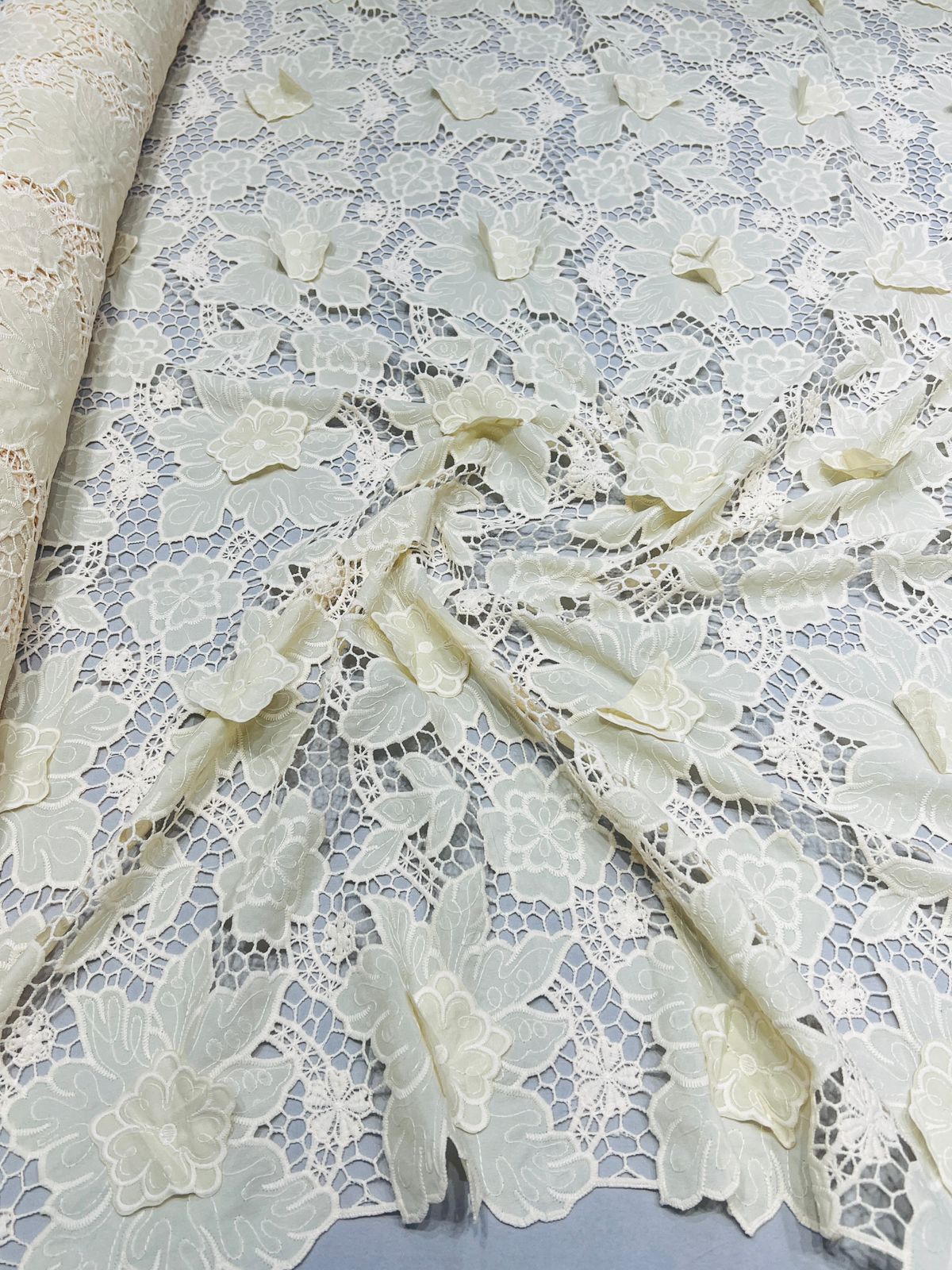 Cream Imported Crape Crochet Cutwork Embroidery With Applique Work 48 ...