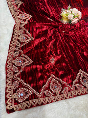 Maroon Crush Velvet Real Mirror Handwork Dupatta 2.50 meter length