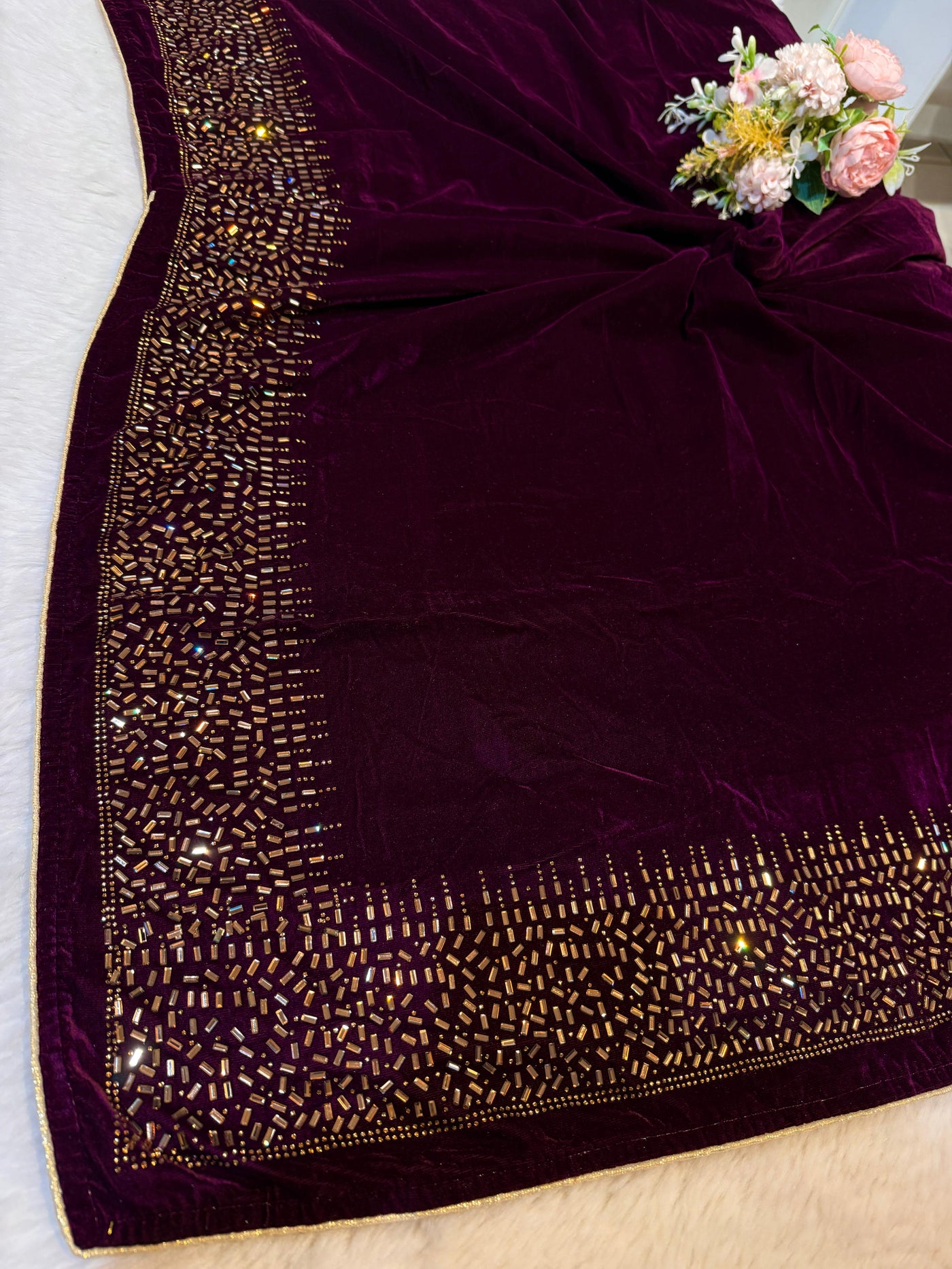 Wine Velvet stoles With Stone Work 2.10 meter length 37 inch width