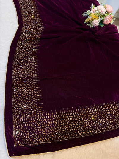 Wine Velvet stoles With Stone Work 2.10 meter length 37 inch width