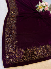 Wine Velvet stoles With Stone Work 2.10 meter length 37 inch width