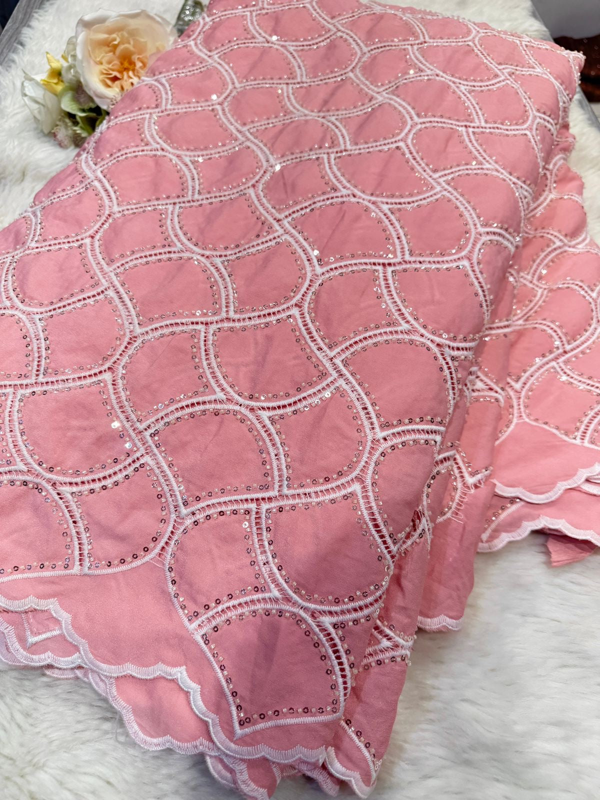 Pink Imported Crape Handwork Embroidery With Cutwork 48 Inch Width ...