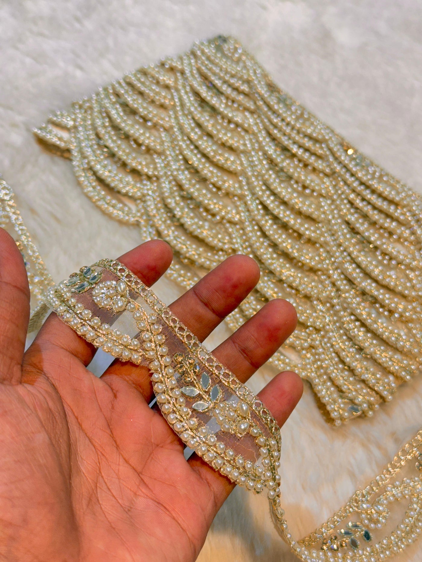 (Wholesale pack of 9 meter ) Lace Border With Pearl and Stone and Mirror Work